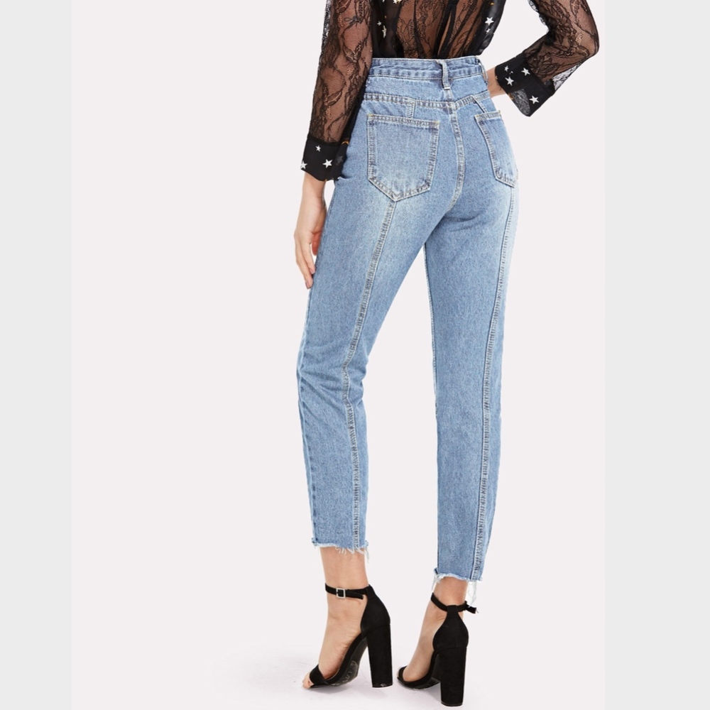 Raw Hem Blue High Waisted Jeans Light Wash - Picture 5 of 7